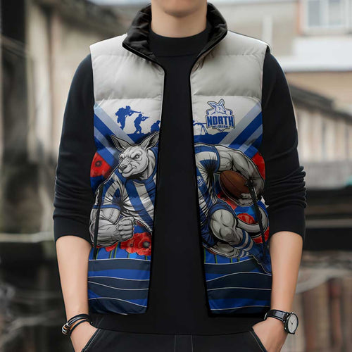 Personalised North Melbourne Kangaroos ANZAC Sleeveless Puffer Jacket Military Remembrance Australian Football Mascot Camouflage