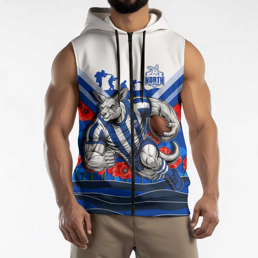 Personalised North Melbourne Kangaroos ANZAC Sleeveless Zip Hoodie Military Remembrance Australian Football Mascot Camouflage