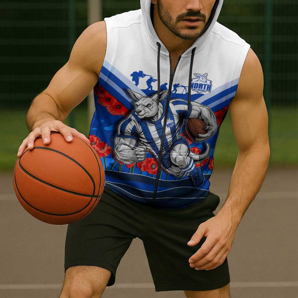 Personalised North Melbourne Kangaroos ANZAC Sleeveless Zip Hoodie Military Remembrance Australian Football Mascot Camouflage