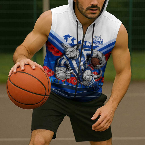 Personalised North Melbourne Kangaroos ANZAC Sleeveless Zip Hoodie Military Remembrance Australian Football Mascot Camouflage