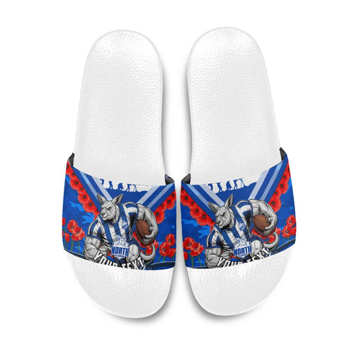 Personalised North Melbourne Kangaroos ANZAC Slide Sandals Military Remembrance Australian Football Mascot Camouflage