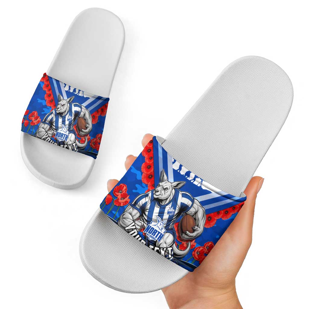 Personalised North Melbourne Kangaroos ANZAC Slide Sandals Military Remembrance Australian Football Mascot Camouflage
