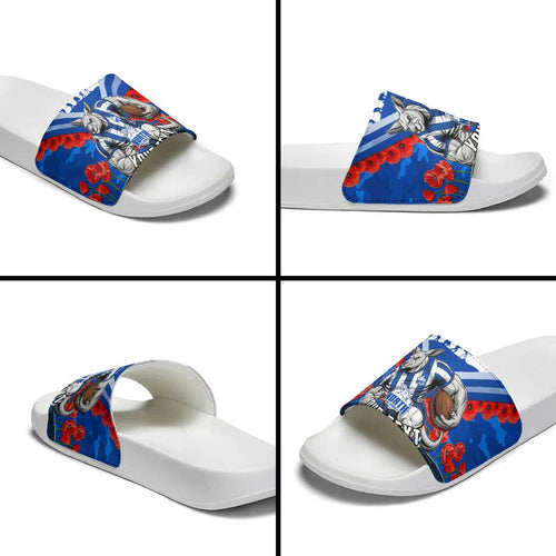 Personalised North Melbourne Kangaroos ANZAC Slide Sandals Military Remembrance Australian Football Mascot Camouflage