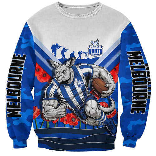 Personalised North Melbourne Kangaroos ANZAC Sweatshirt Military Remembrance Australian Football Mascot Camouflage
