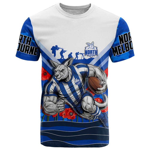 Personalised North Melbourne Kangaroos ANZAC T Shirt Military Remembrance Australian Football Mascot Camouflage