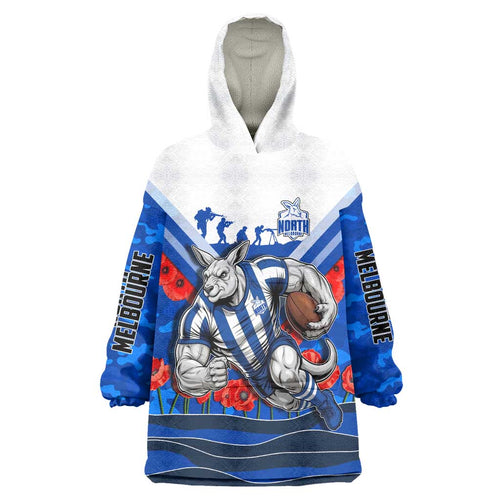 Personalised North Melbourne Kangaroos ANZAC Wearable Blanket Hoodie Military Remembrance Australian Football Mascot Camouflage