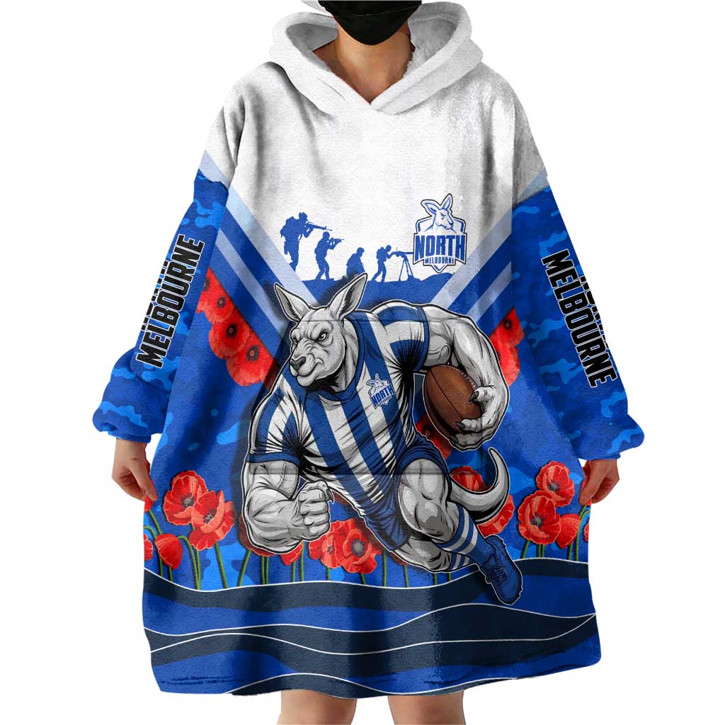 Personalised North Melbourne Kangaroos ANZAC Wearable Blanket Hoodie Military Remembrance Australian Football Mascot Camouflage