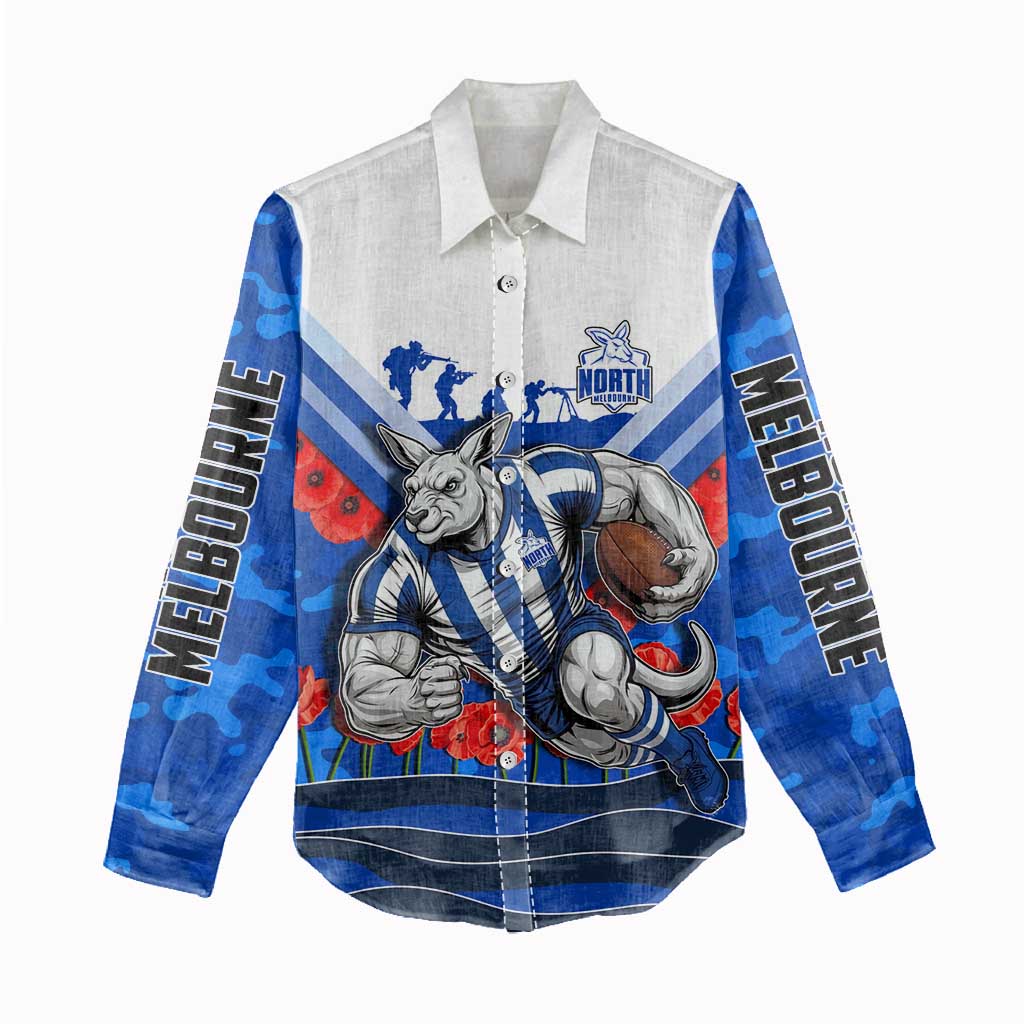 Personalised North Melbourne Kangaroos ANZAC Women Casual Shirt Military Remembrance Australian Football Mascot Camouflage