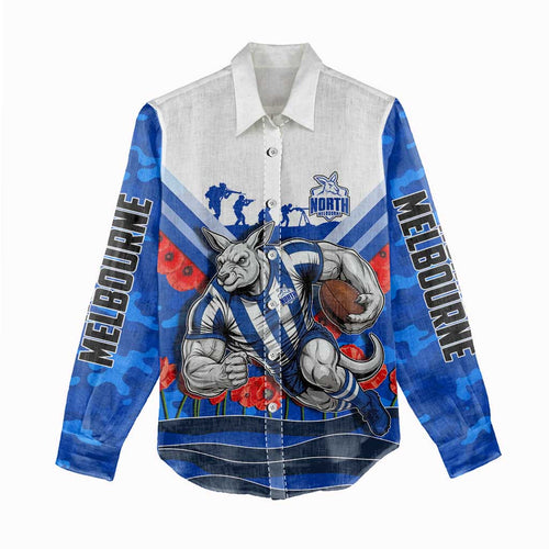 Personalised North Melbourne Kangaroos ANZAC Women Casual Shirt Military Remembrance Australian Football Mascot Camouflage