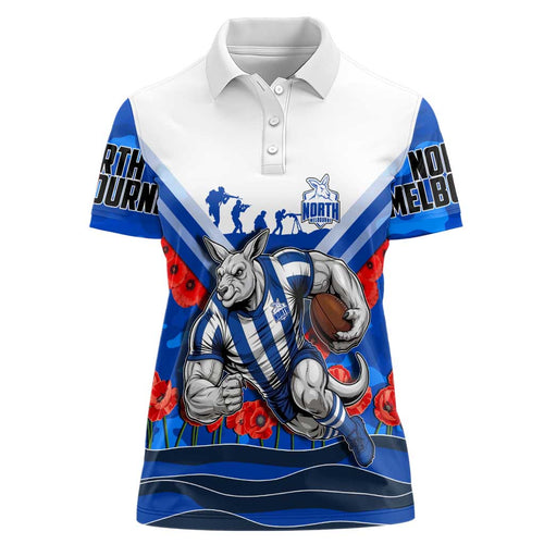 Personalised North Melbourne Kangaroos ANZAC Women Polo Shirt Military Remembrance Australian Football Mascot Camouflage