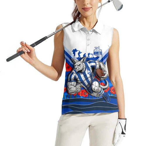 Personalised North Melbourne Kangaroos ANZAC Women Sleeveless Polo Shirt Military Remembrance Australian Football Mascot Camouflage