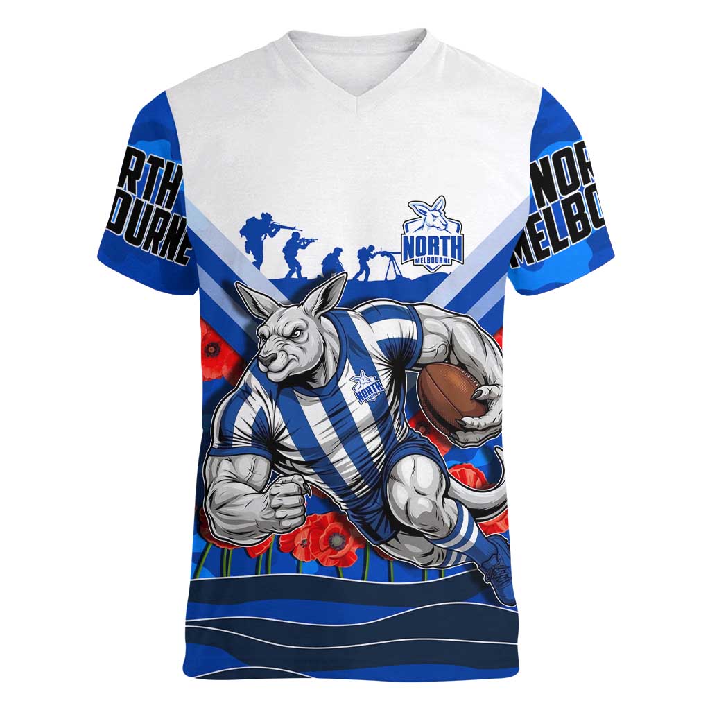 Personalised North Melbourne Kangaroos ANZAC Women V-Neck T-Shirt Military Remembrance Australian Football Mascot Camouflage