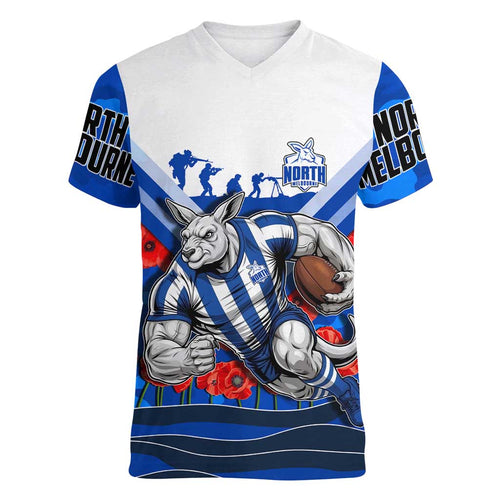 Personalised North Melbourne Kangaroos ANZAC Women V-Neck T-Shirt Military Remembrance Australian Football Mascot Camouflage
