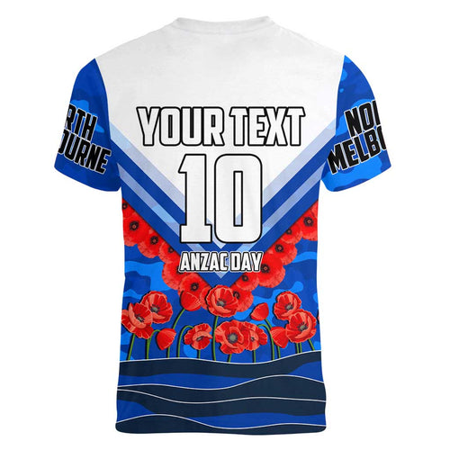 Personalised North Melbourne Kangaroos ANZAC Women V-Neck T-Shirt Military Remembrance Australian Football Mascot Camouflage