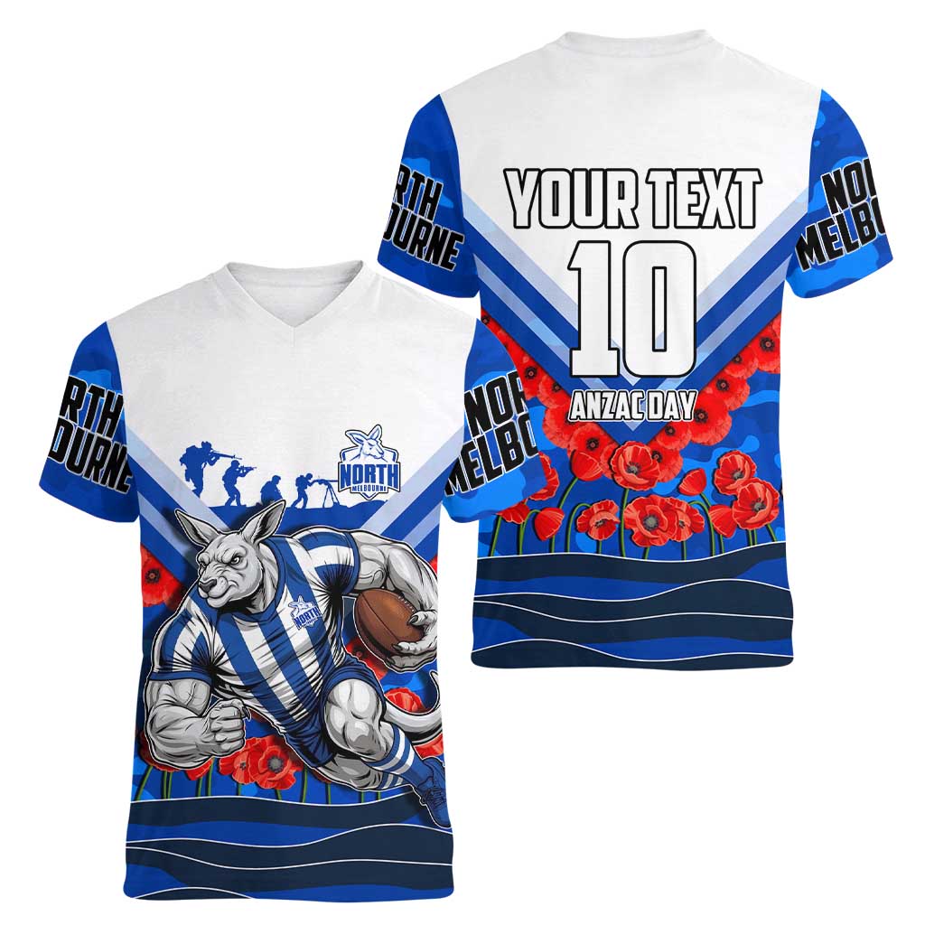 Personalised North Melbourne Kangaroos ANZAC Women V-Neck T-Shirt Military Remembrance Australian Football Mascot Camouflage