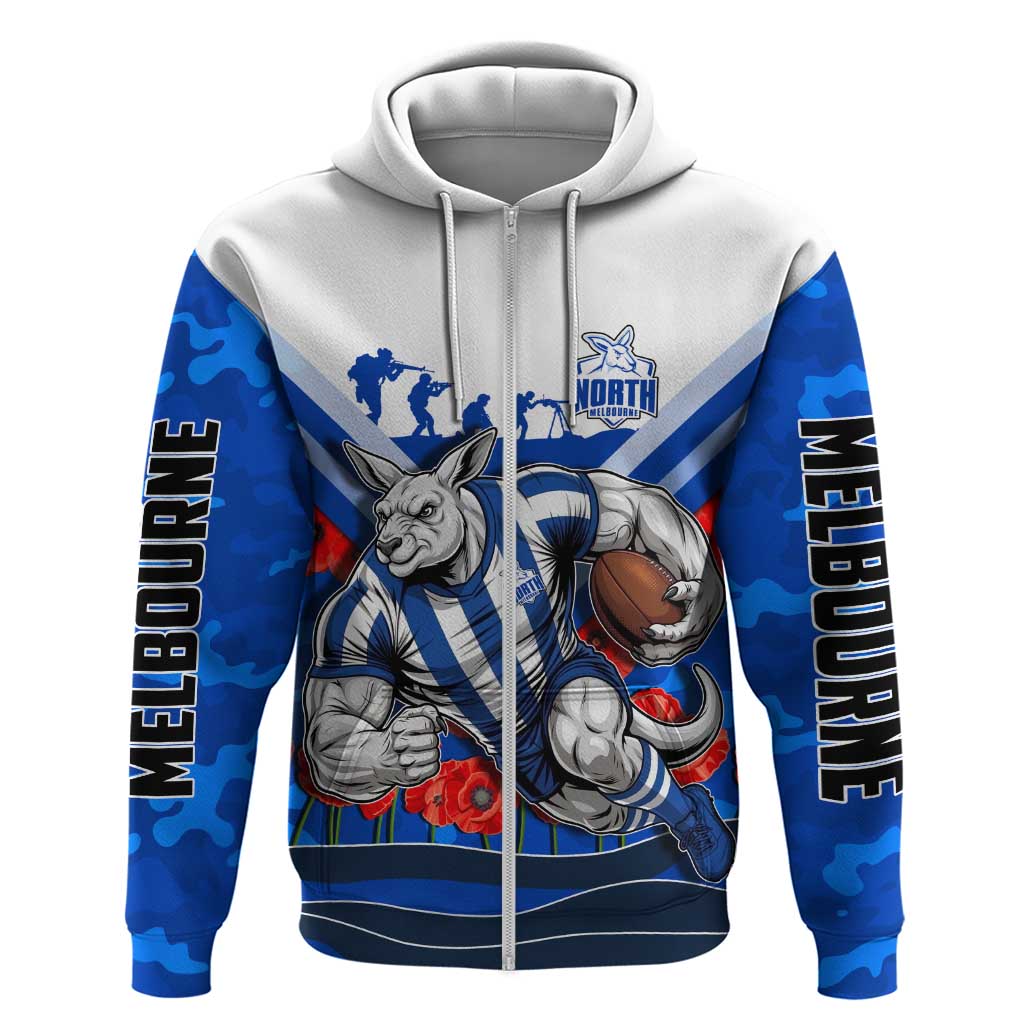 Personalised North Melbourne Kangaroos ANZAC Zip Hoodie Military Remembrance Australian Football Mascot Camouflage
