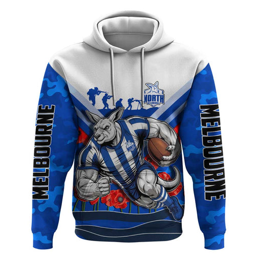 Personalised North Melbourne Kangaroos ANZAC Zip Hoodie Military Remembrance Australian Football Mascot Camouflage