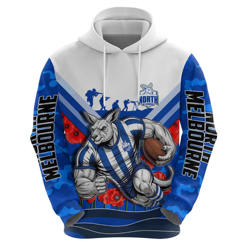 Personalised North Melbourne Kangaroos ANZAC Zip Hoodie Military Remembrance Australian Football Mascot Camouflage