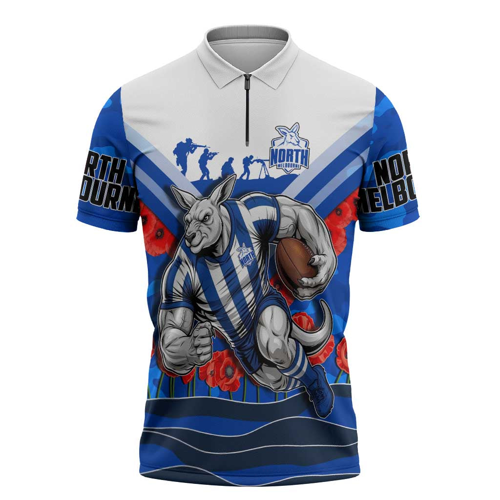 Personalised North Melbourne Kangaroos ANZAC Zipper Polo Shirt Military Remembrance Australian Football Mascot Camouflage