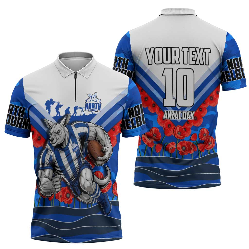 Personalised North Melbourne Kangaroos ANZAC Zipper Polo Shirt Military Remembrance Australian Football Mascot Camouflage