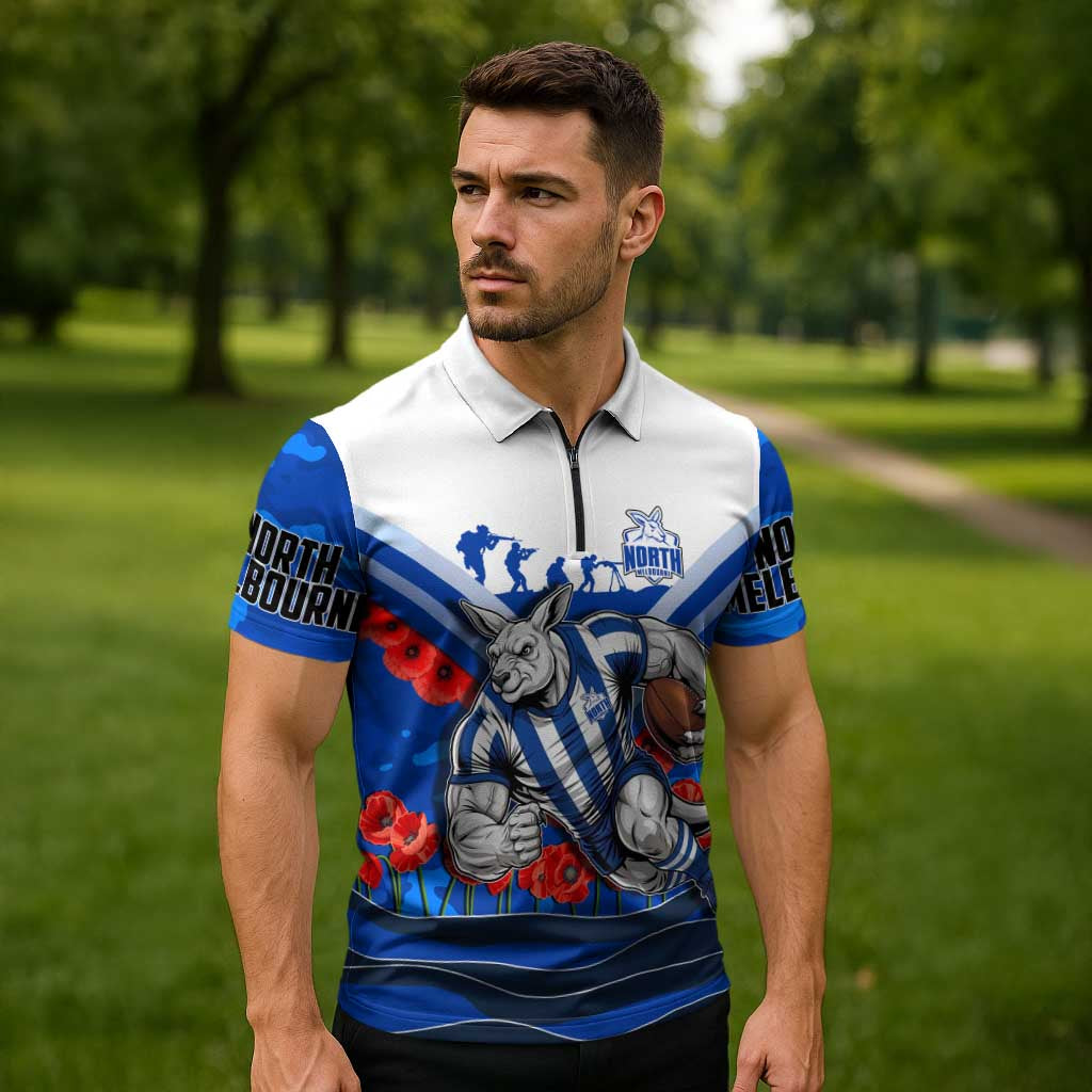 Personalised North Melbourne Kangaroos ANZAC Zipper Polo Shirt Military Remembrance Australian Football Mascot Camouflage