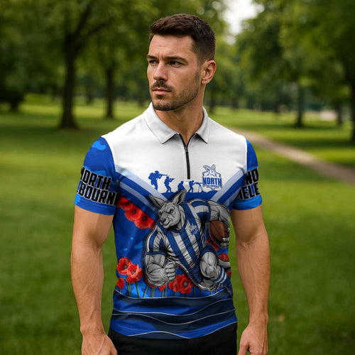 Personalised North Melbourne Kangaroos ANZAC Zipper Polo Shirt Military Remembrance Australian Football Mascot Camouflage