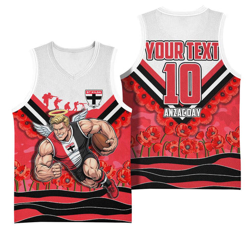 Personalised St Kilda Saints ANZAC Basketball Jersey Military Remembrance Australian Football Mascot Camouflage