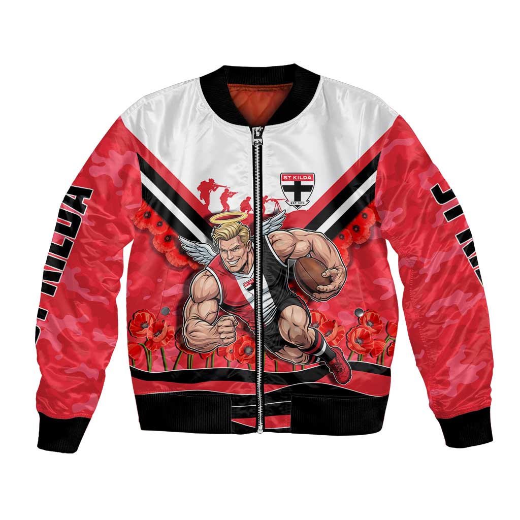 Personalised St Kilda Saints ANZAC Bomber Jacket Military Remembrance Australian Football Mascot Camouflage
