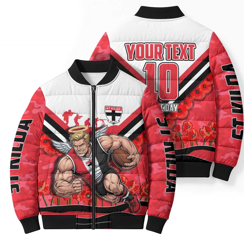 Personalised St Kilda Saints ANZAC Bomber Puffer Jacket Military Remembrance Australian Football Mascot Camouflage