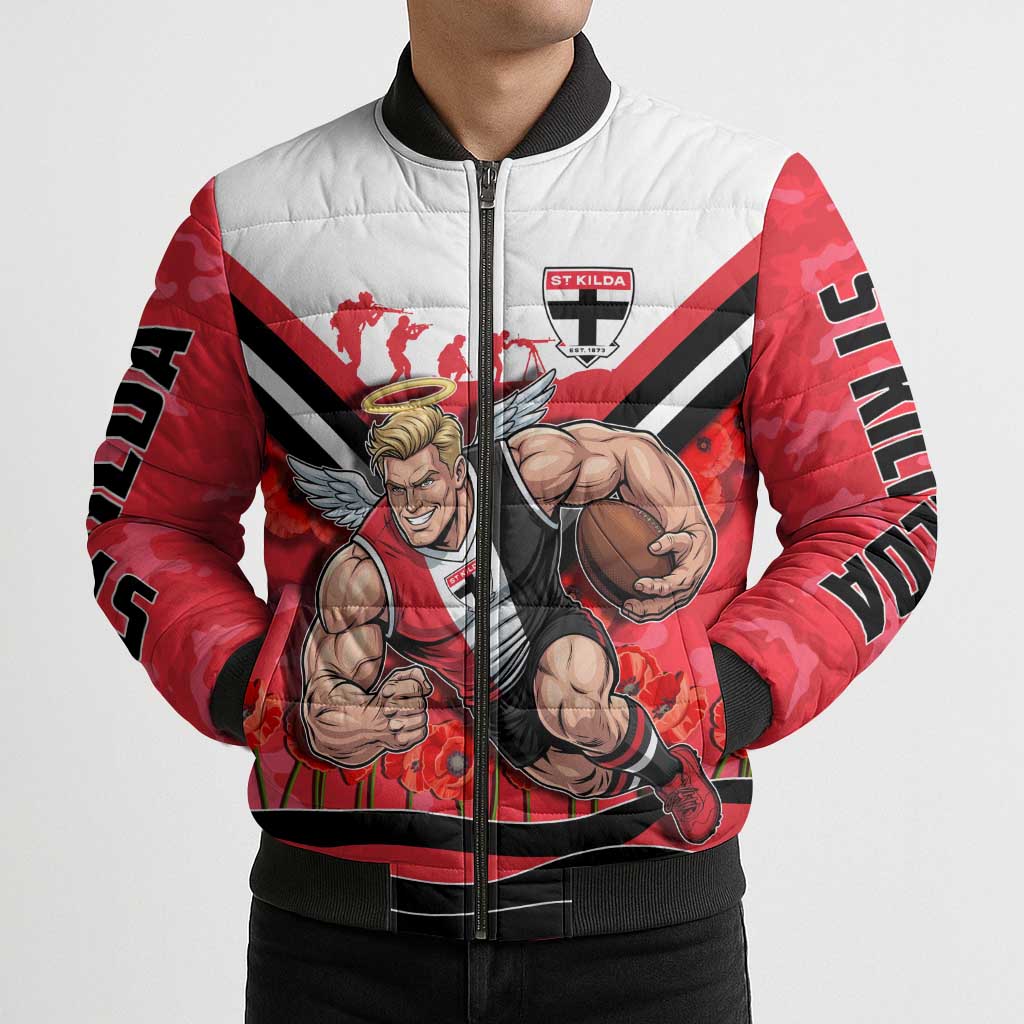 Personalised St Kilda Saints ANZAC Bomber Puffer Jacket Military Remembrance Australian Football Mascot Camouflage
