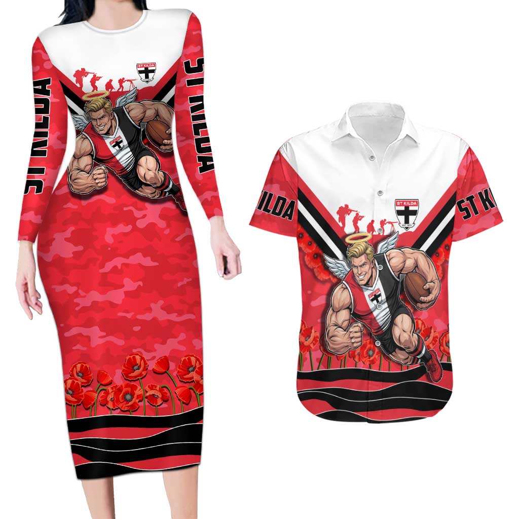 Personalised St Kilda Saints ANZAC Couples Matching Long Sleeve Bodycon Dress and Hawaiian Shirt Military Remembrance Australian Football Mascot Camouflage