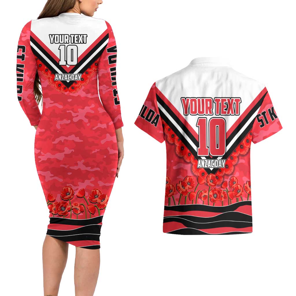 Personalised St Kilda Saints ANZAC Couples Matching Long Sleeve Bodycon Dress and Hawaiian Shirt Military Remembrance Australian Football Mascot Camouflage