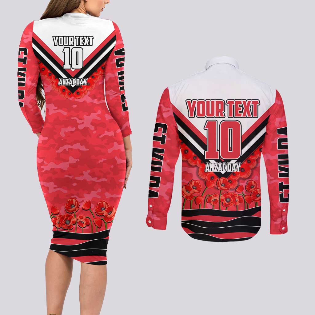 Personalised St Kilda Saints ANZAC Couples Matching Long Sleeve Bodycon Dress and Long Sleeve Button Shirt Military Remembrance Australian Football Mascot Camouflage