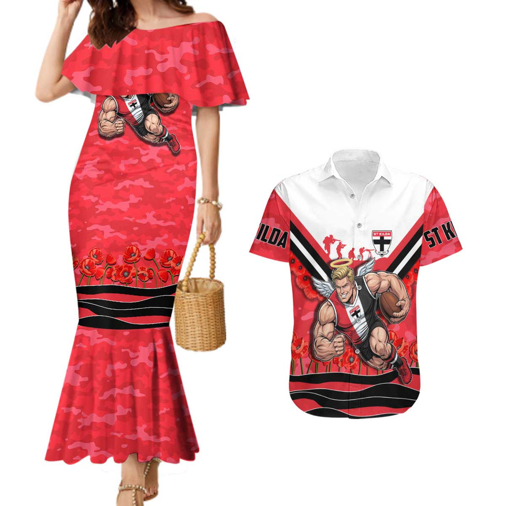 Personalised St Kilda Saints ANZAC Couples Matching Mermaid Dress and Hawaiian Shirt Military Remembrance Australian Football Mascot Camouflage
