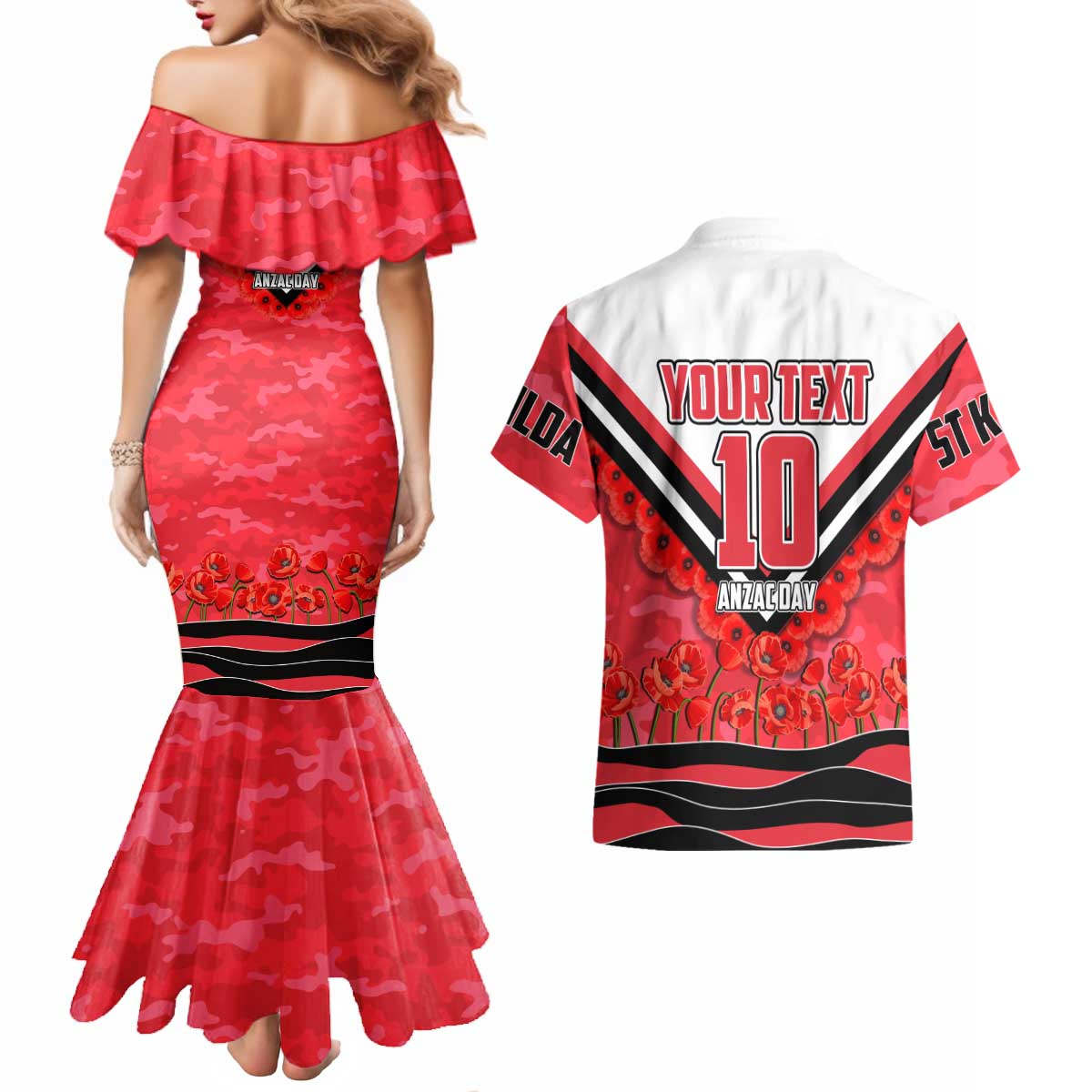 Personalised St Kilda Saints ANZAC Couples Matching Mermaid Dress and Hawaiian Shirt Military Remembrance Australian Football Mascot Camouflage