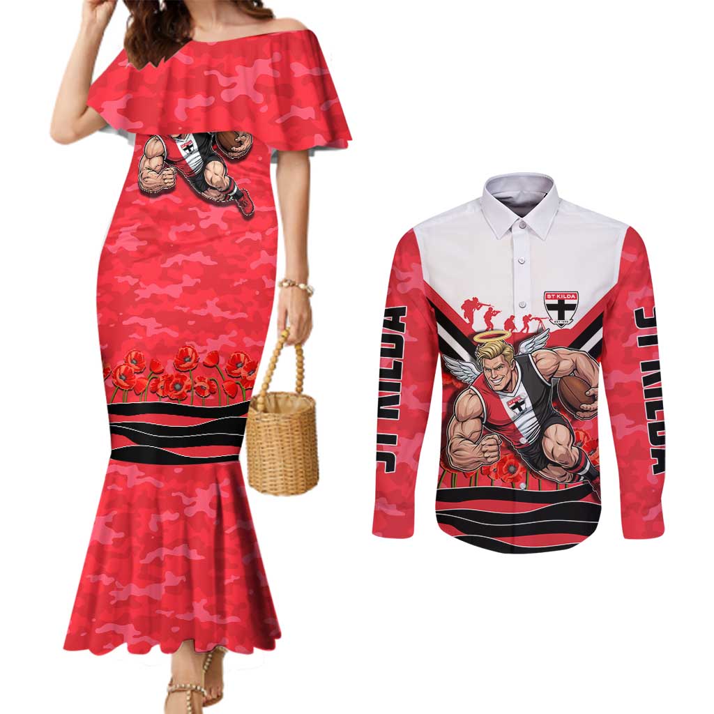Personalised St Kilda Saints ANZAC Couples Matching Mermaid Dress and Long Sleeve Button Shirt Military Remembrance Australian Football Mascot Camouflage
