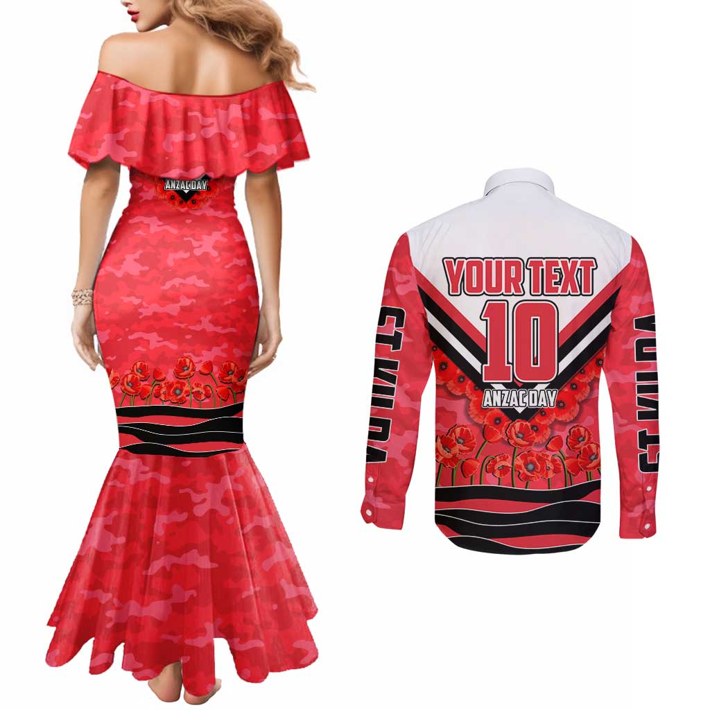 Personalised St Kilda Saints ANZAC Couples Matching Mermaid Dress and Long Sleeve Button Shirt Military Remembrance Australian Football Mascot Camouflage