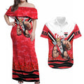 Personalised St Kilda Saints ANZAC Couples Matching Off Shoulder Maxi Dress and Hawaiian Shirt Military Remembrance Australian Football Mascot Camouflage