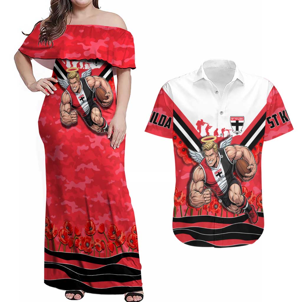 Personalised St Kilda Saints ANZAC Couples Matching Off Shoulder Maxi Dress and Hawaiian Shirt Military Remembrance Australian Football Mascot Camouflage