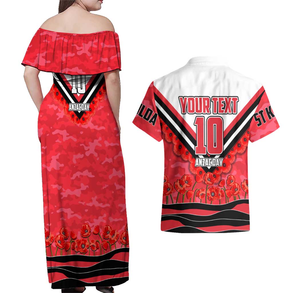 Personalised St Kilda Saints ANZAC Couples Matching Off Shoulder Maxi Dress and Hawaiian Shirt Military Remembrance Australian Football Mascot Camouflage