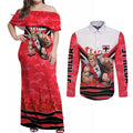 Personalised St Kilda Saints ANZAC Couples Matching Off Shoulder Maxi Dress and Long Sleeve Button Shirt Military Remembrance Australian Football Mascot Camouflage