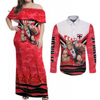 Personalised St Kilda Saints ANZAC Couples Matching Off Shoulder Maxi Dress and Long Sleeve Button Shirt Military Remembrance Australian Football Mascot Camouflage