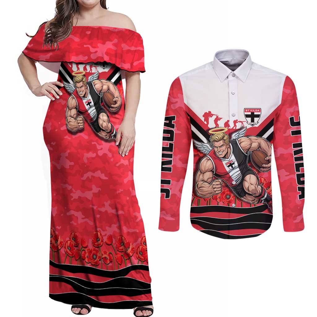 Personalised St Kilda Saints ANZAC Couples Matching Off Shoulder Maxi Dress and Long Sleeve Button Shirt Military Remembrance Australian Football Mascot Camouflage