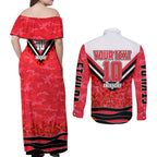 Personalised St Kilda Saints ANZAC Couples Matching Off Shoulder Maxi Dress and Long Sleeve Button Shirt Military Remembrance Australian Football Mascot Camouflage