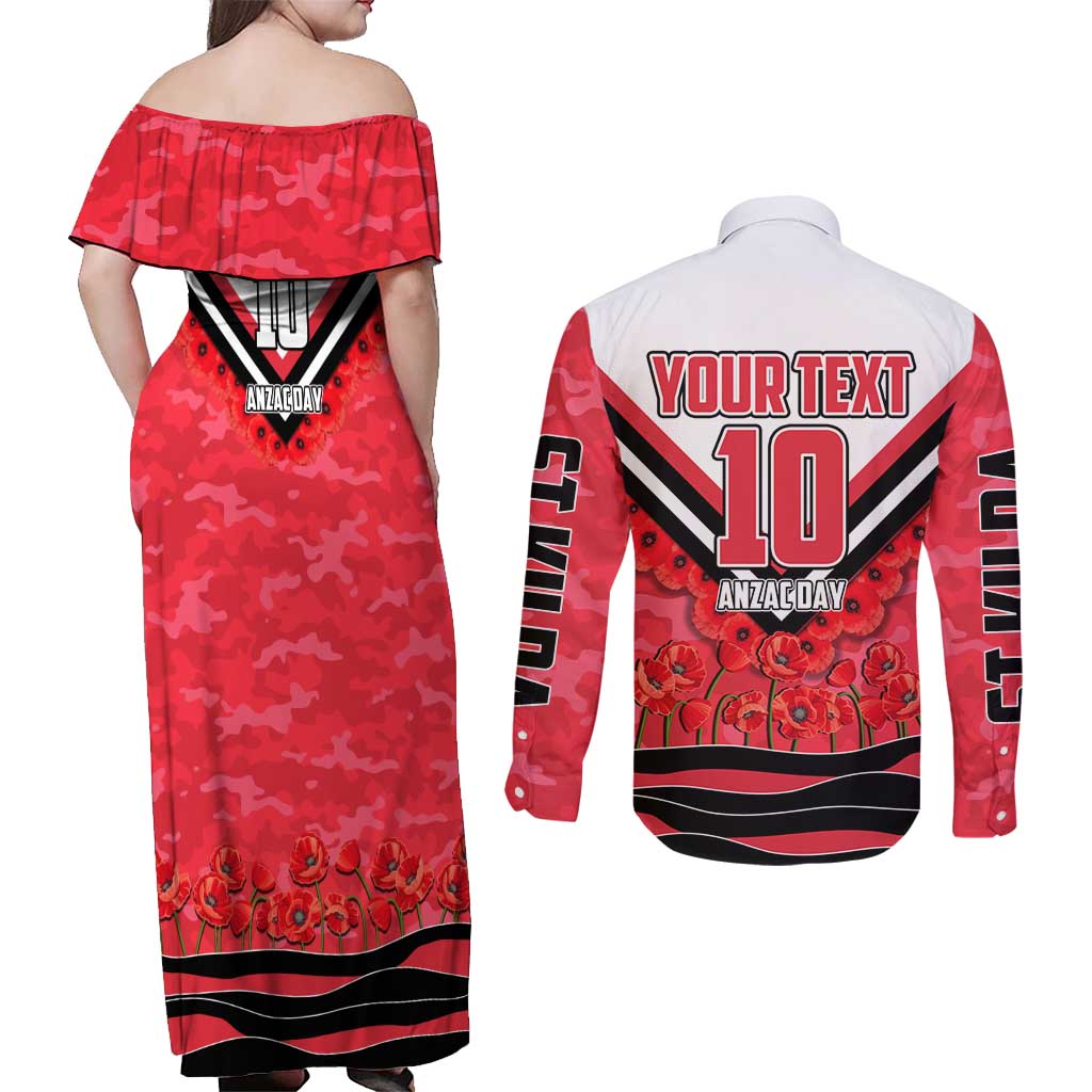 Personalised St Kilda Saints ANZAC Couples Matching Off Shoulder Maxi Dress and Long Sleeve Button Shirt Military Remembrance Australian Football Mascot Camouflage