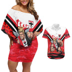 Personalised St Kilda Saints ANZAC Couples Matching Off Shoulder Short Dress and Hawaiian Shirt Military Remembrance Australian Football Mascot Camouflage