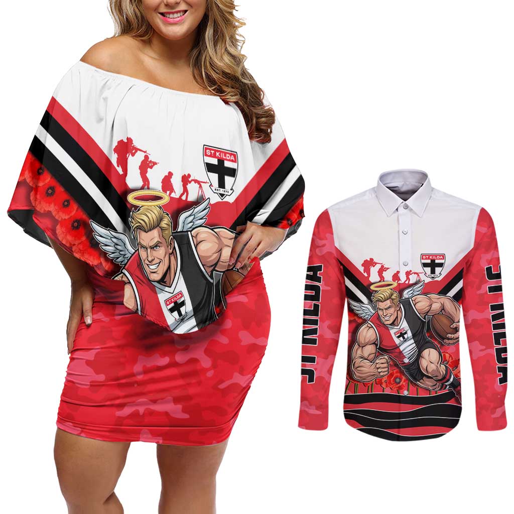 Personalised St Kilda Saints ANZAC Couples Matching Off Shoulder Short Dress and Long Sleeve Button Shirt Military Remembrance Australian Football Mascot Camouflage