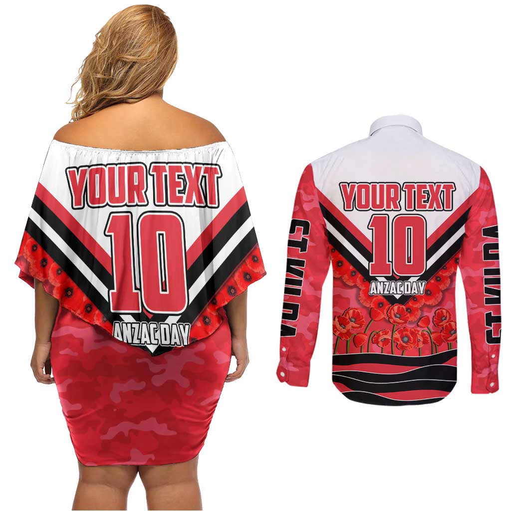 Personalised St Kilda Saints ANZAC Couples Matching Off Shoulder Short Dress and Long Sleeve Button Shirt Military Remembrance Australian Football Mascot Camouflage