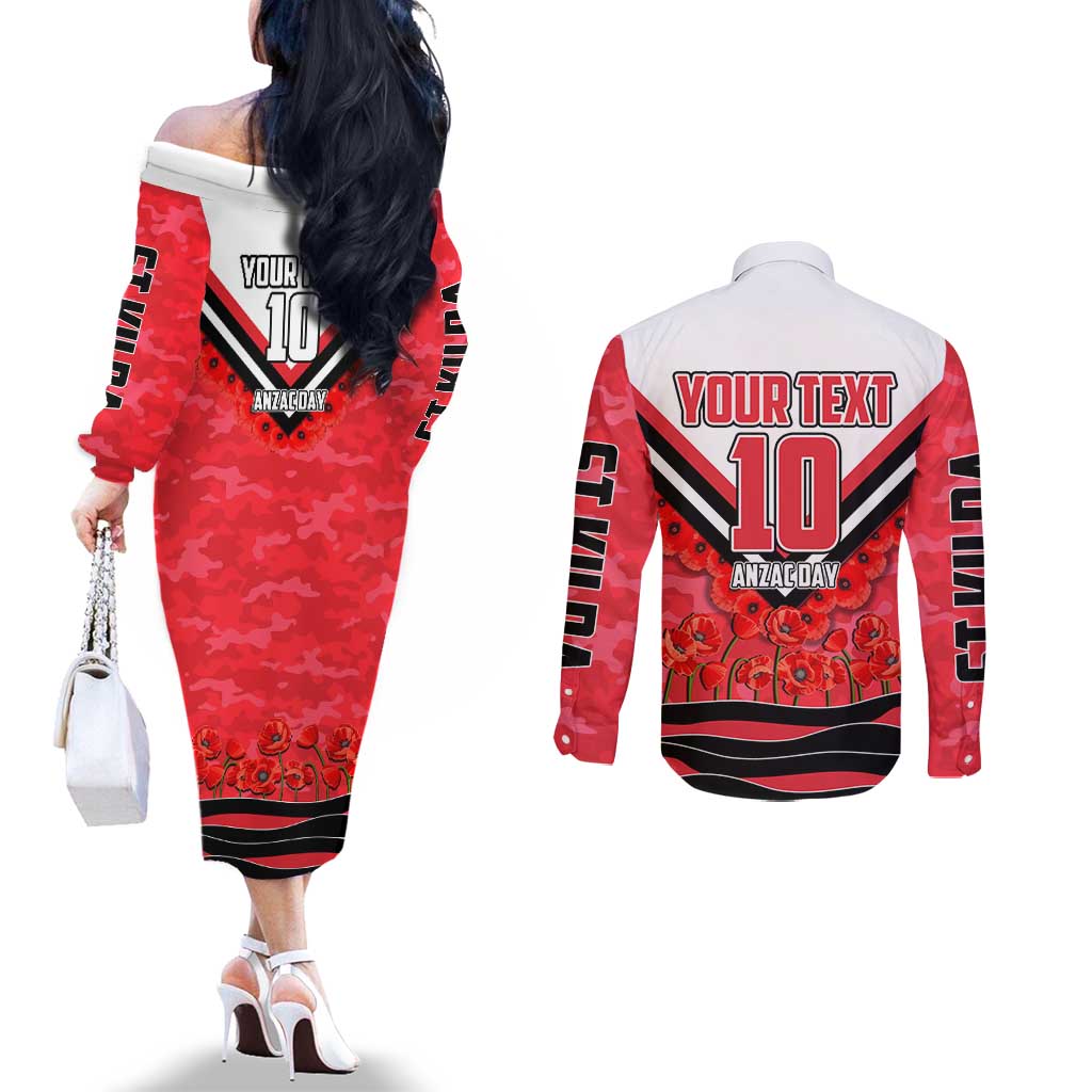 Personalised St Kilda Saints ANZAC Couples Matching Off The Shoulder Long Sleeve Dress and Long Sleeve Button Shirt Military Remembrance Australian Football Mascot Camouflage
