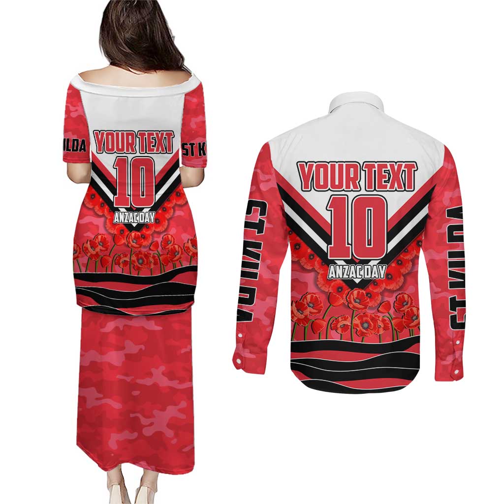 Personalised St Kilda Saints ANZAC Couples Matching Puletasi and Long Sleeve Button Shirt Military Remembrance Australian Football Mascot Camouflage